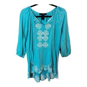 Ali Miles Women's Blue Embroidered Tunic Top V-Neck 3/4 Sleeve M